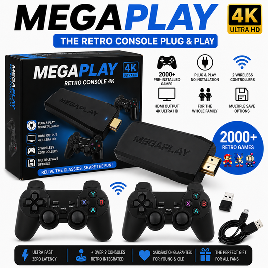 🎮 Everywellstore MegaPlay™ Game Stick – 2,000+ Retro Games (2 Free Wireless Controllers Included)